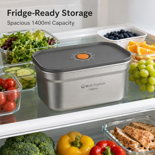 Food Grade Pure Titanium Airtight Food Container, 700ml/1000ml/1400ml Leakproof Lightweight Fridge container For Office Camping Home, BPA-Free Stackable Meal Prep Container (Silver, 1400, ml) Silver Large