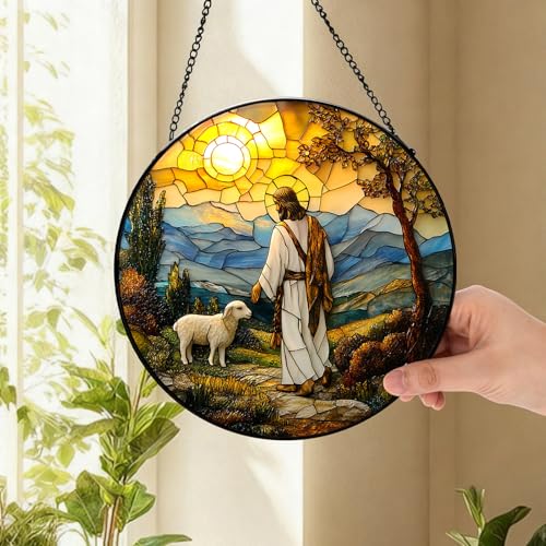 Stained Glass Jesus Suncatcher - 7.9" Real Glass Good Shepherd & Lamb Mountain Window Hanging, Weatherproof Christian Religious Decor, Sympathy Easter Memorial Gift for Mom Women Ivory