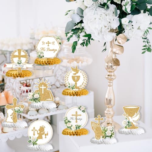 Mi Bautizo Honeycomb Centerpieces, Baptism Party Decor, First Communion Table Decorations, Christening Table Centerpieces, Baby Shower 1st Birthday Party Decorations, 9PCS