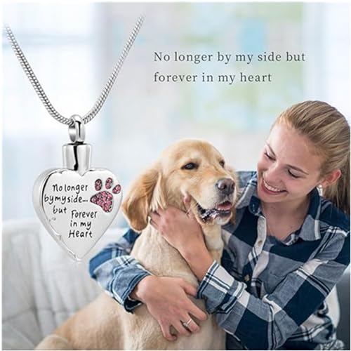 Urn Necklace for Ashes Personalized Urn Pendant Heart Necklace Pets Paw Print Keepsake Waterproof Memorial Gifts for Dogs Silver-Pink