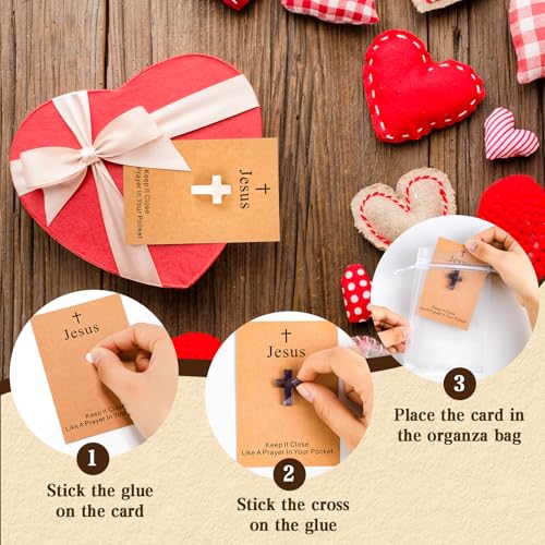 100 Pack Cross Crystal Stone Bulk Set with Greeting Cards & Gift Bags, Natural Crystal Pocket Hug Tokens, Religious Keepsake Gifts for Friends, Family, Bible Study Group