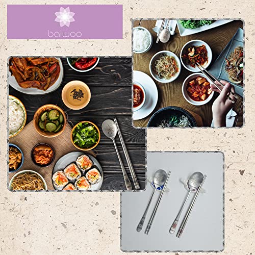 [Made in Korea] Hologram Turtle Design Korean Table Sticky Rice Spoon and Chopsticks 304 Stainless Steel Flat Chopsticks Matt Surface Mukbang Cutlery (Blue and Red) Blue and Red