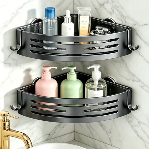 Suction Corner Shower Caddy, 2-Pack Gunmetal Gray Aluminum Corner Shower Caddy with Hooks, Drill-Free Bathroom Shelf Organizer
