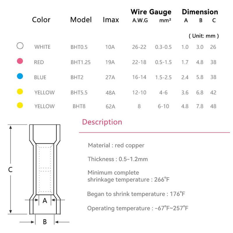 HKS 500 PCS Heat Shrink Butt Connector Blue 16-14 AWG - Electrical Connectors - Tinned Red Copper 0.8mm - Automotive Marine Stereo Boat Crimp - Waterproof and Insulated 16-14AWG