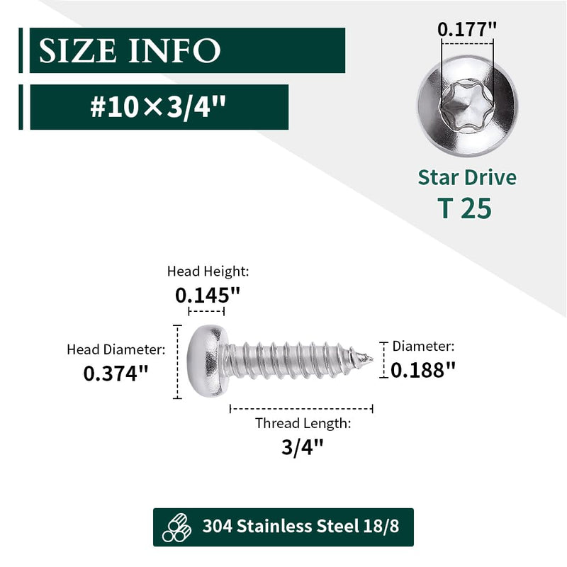 [Australia - AusPower] - #10 x 3/4" Pan Head Torx Drive Self Tapping Screws, 304 Stainless Steel 18-8 Wood Screw Sheet Metal Screw, Star Drive, Full Thread Coverage, Pack of 50 #10 x 3/4" 