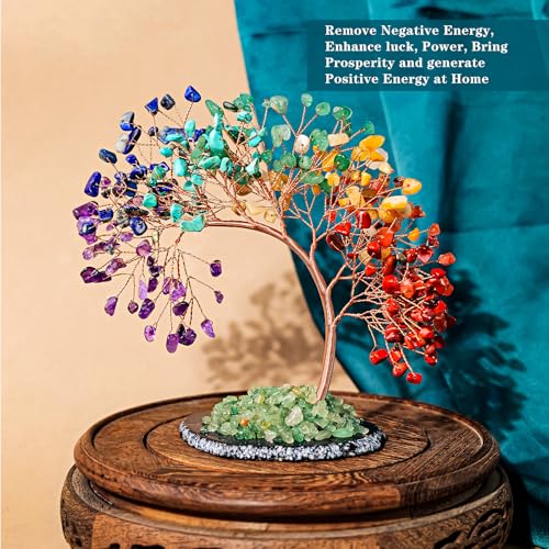 Runyangshi Natural Crystal Seven Chakras Agate Slice Tree of Life Natural Crystal Healing Stones Gemstone Trees Fengshui Good Luck Positive Energy Home Decor