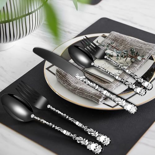 XIAOYU 20 Piece Halloween Skeleton Tableware Silverware Set, Metal Flatware Set Service for 4, Gothic Unique Skull Flower Pattern Design, Skeleton Utensil Cutlery Set for Halloween Easter Christmas Black