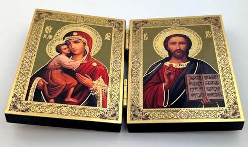 Needzo Christ The Teacher and Madonna and Child Virgin Mary Orthodox Catholic Icon Diptych 5 Inch Wide, Religious Gift For Woman Men