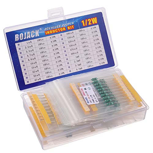 BOJACK 20 Values 200 Pieces Inductors 1 uH to 4.7 mH 0.5 W Colour Ring Inductors 1/2 Watt Assortment Kit