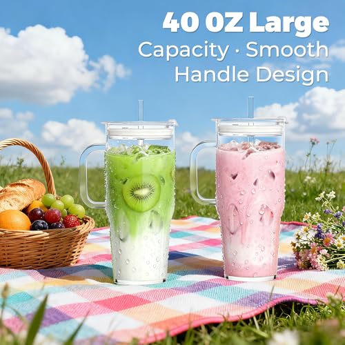 Birity 2Pack 40OZ Glass Tumbler with Handle,Glass Cup with Lid and Straw,Reusable Glass Iced Coffee Cup for Beer, Smoothies, Juice,Hot/Cold Drinks-Suitable for Birthday,Wedding 40 oz 2-pack borosilicate