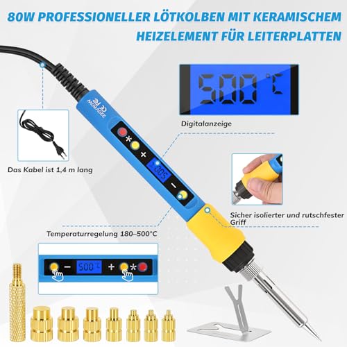 400 Pieces Threaded Inserts and Soldering Tips Set, 80W Soldering Iron with Adjustable Temperature of 180-500°C, 7 Soldering Tips, Includes 400 Thread Inserts M2/M2.5/M3/M4/M5/M6/M8 for 3D Printing