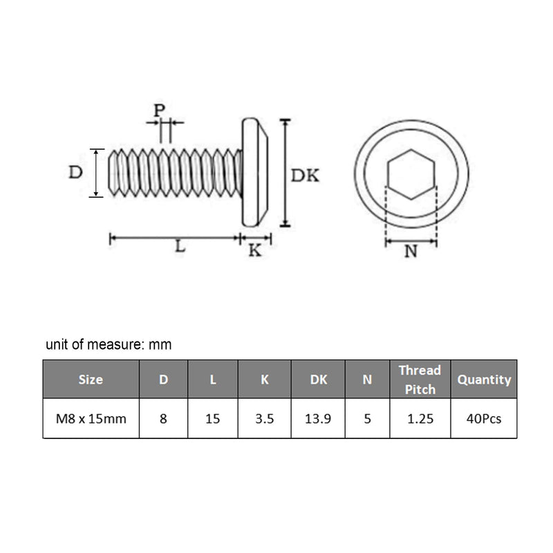 [Australia - AusPower] - M8-1.25 x 15 mm 40pcs Flat Head Hex Socket Cap Screws Metric M8 Bolts, 304 Stainless Steel 18-8, Black Zinc Plated, Full Thread, with Hex Spanner M8 x 15mm(40pcs) 