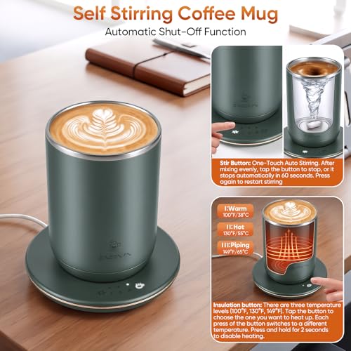 Self Stirring Coffee Mug, Self Heating Coffee Mug, Heated Cup with 3-Level Smart Temperature Control, Auto Shut-Off Electric Coffee Cup Warmer with Detachable Base, Gift for Family Friends (Green) Green