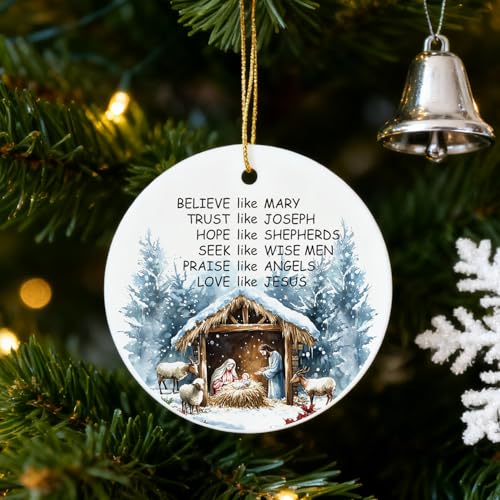 Nativity Christmas Ornament Gift for Christian Women Men, Religious Jesus Xmas Tree Hanging Ornaments 2025 with Box, Christian Ceramic Christmas Tree Hanging Decorations