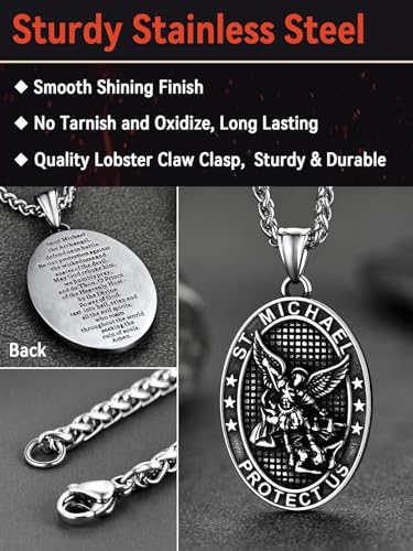 FaithHeart Saint Michael Pendant Necklace for Men, with 22"+2" Wheat Chain 00. Oval-Silver Stainless Steel