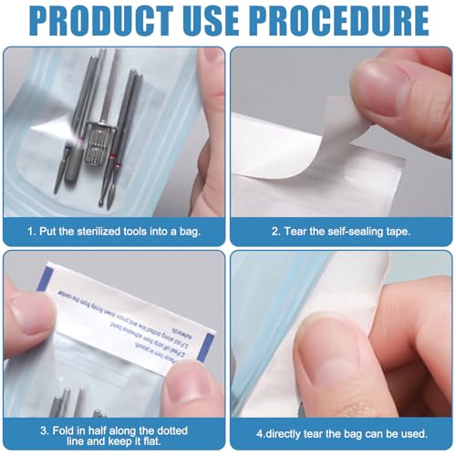 Pack of 400 Sterilisation Bags, 90 mm x 260 mm + 90 mm x 165 mm + 70 mm x 260 mm + 57 mm x 130 mm Self-Adhesive Sterilisation Bags, Disposable Steriliser Bags for Cleaning Tools, Self Sterilisation Bags