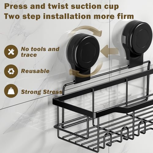 FEZHI Shower Caddy Suction Cup 2 Pack With Hooks Rustproof and Reusable Shower Organizer for Bathroom, No Drilling Bathroom Organizers with Heavy Duty
