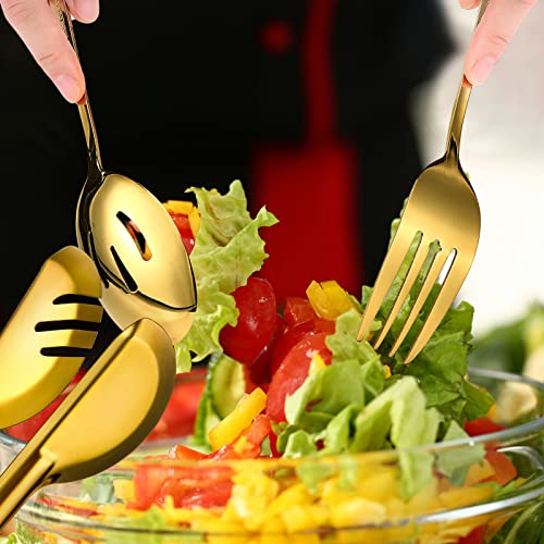 Patelai 15-piece gold stainless steel serving utensil set for buffet, includes spoons, tongs, and serving tools for elegant dining.
