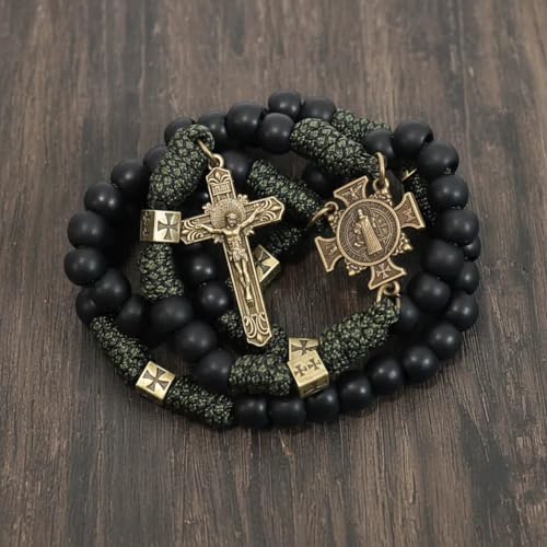 Nazareth Store Antique Bronze Metal Rugged Durable Paracord Rosary Necklace Black Matte Prayer Beads with Saint Medal and Crucifix St benedict & St benedict cross