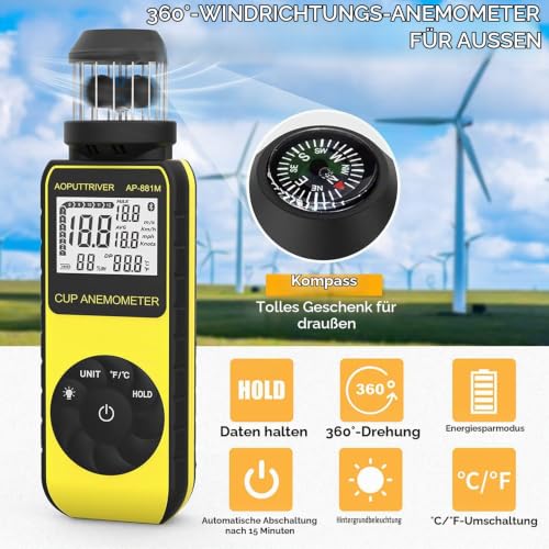 Digital Anemometer Handheld AP-881M Wind Gauge Anemometer with 360° Wind Direction Wind Cup Anemometer with Temperature (℃/℉) Measurement of Air Speed Air Volume for HVAC Vents, Boat Sailing 881M