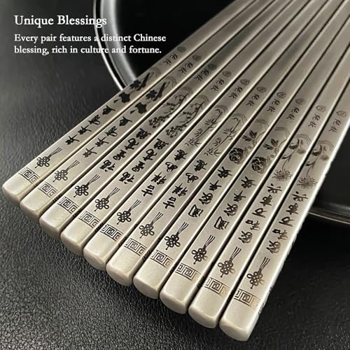 ‌Trekio Pure Titanium Chopsticks, 5 Pairs - Ultralight, Heat-Resistant & Non-Slip Design with Chinese Blessings | Elegant Gift Box for Asian Family & Food Lovers (9.17 Inches)