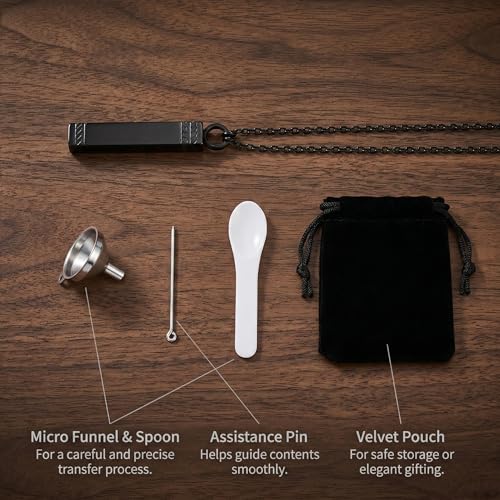 Urn Necklace For Men, Memorial Cremation Jewelry For Ashes, Black Bar Ash Pendants For Men Women With Tool and Black Velvet Bag