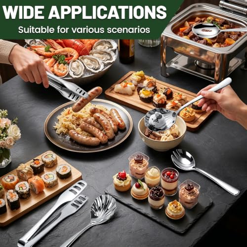 8-Piece Silver Serving Utensils Set, 304 Stainless Steel Large Serving Spoons, Salad Forks, Shell Spoons & Food Tongs, Mirror Polished Catering Serving Supplies for Buffet/Parties/Weddings