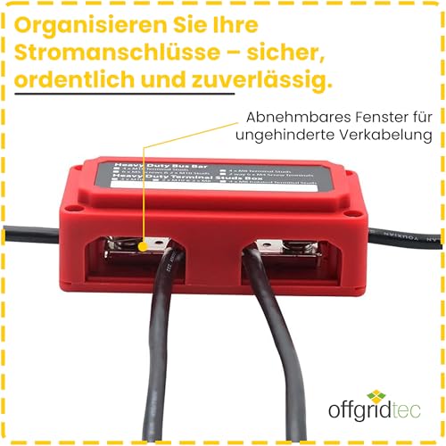 Offgridtec BusBar Box 4 x M8 Connection Bolts, Nickel-Plated Brass Connectors, Fiberglass Reinforced Nylon Housing with Removable Cover & Insulation Wall, Modular Power Distribution (200A, Red) Busbar Box 4 x M8 with Cover Red
