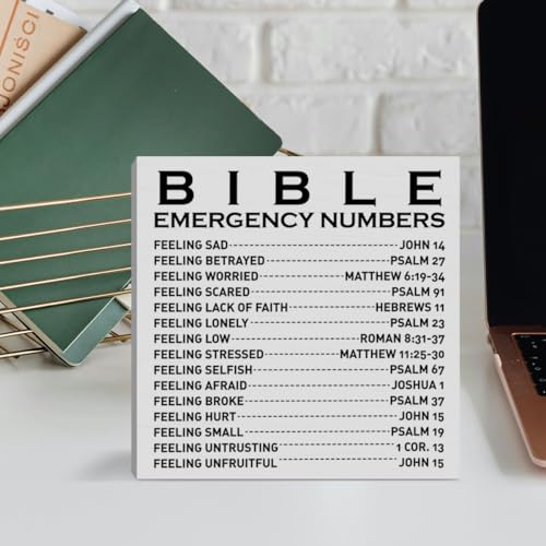 Bible Emergency Number, Christian Desk Sign Decor, Religious Decor for Home Office Cubicle Bedroom Desk Table Scripture Bible Verse Decorations Wooden Sign Christian Gift for Women Men A