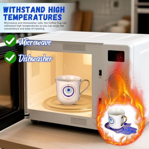 Zerodeko Evil Eye Cup with Saucer 2-pack Porcelain Tea Mug Set Microwave and Dishwasher Safe Anti-Scald Handle 4.13 X 5.90 X 2.95 in for Home Office Tea Coffee Milk