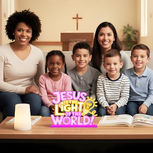 VBS 2026 Decorations Table Wooden Centerpiece 11.8x8.6 Inches Jesus is The Light of The World Religious Table Decorations Neon Style Vacation Bible School Tabletop for Christian Decor Supplies