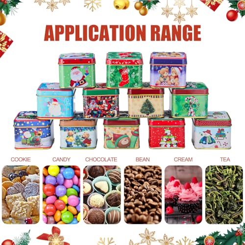 Sosation 12 Pcs Christmas Cookie Tins with Lids Square Candy Tin, Cute