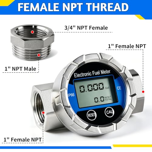 Boltigen 1-inch blue fuel flow meter with 1-inch male to 3/4-inch female NPT adapter