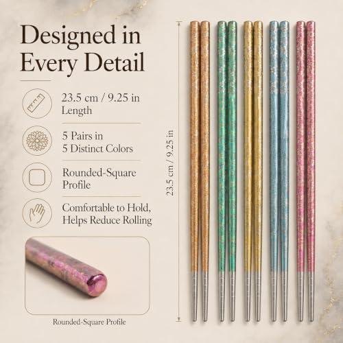 Pure Titanium Chopsticks Set, 5 Pairs Gift Box, Oxidized Crystal Finish, Colorful Oxidized Crystal Floral Pattern, Food-Grade Titanium Construction, Dishwasher Safe for Family Dining and Gifting