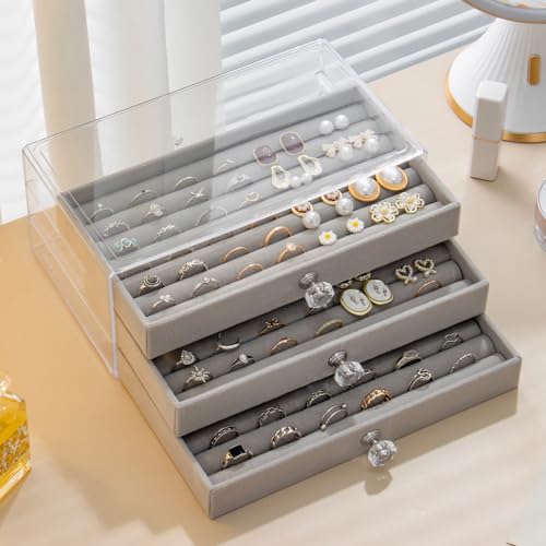 SPAKOWN Ring Box Display Holder, Clear Velvet Jewelry Storage Tray Organizer for Ring Stud Earring (Grey - 5 Drawers) Grey