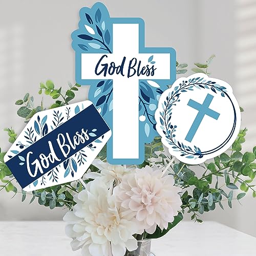 Blue Elegant Cross - Religious Party Centerpieces - Table Toppers - 15pc