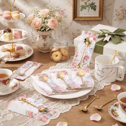48 Set Tea Spoon Party Favors Gold Tea Spoons Bulk 8 Style Flower Teaspoon with Thank You Cards Gift Bags Stainless Steel Dessert Coffee Spoons Stir Bar for Bridal Shower Guest Souvenir Gift Tea Party 48
