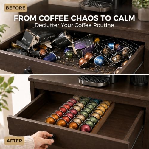 MinBoo Bamboo Coffee Pod Storage Holder Drawer Insert for Counter Compatible Nespresso Vertuo Vertuoline Capsules for Kitchen, Home, Office, Coffee Station Acacia Wood