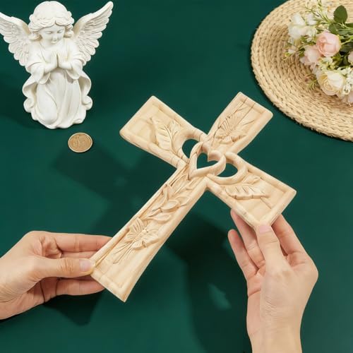 HOBBIESAY 1PCS Wooden Cross with Intertwined Hearts Wall Hanging Wooden Intertwined Heart Cross Carved Crosses Two Hearts Joined Marriage Crosses Symbol of Sacred Love for Wedding Valentine Gift 241mm Wooden Color