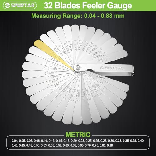 Spurtar 32 Blade Feeler Gauge Thickness Gauge 0.04-0.88 mm/0.0015-0.035 Inches | Stainless steel universal metric/imperial gap gauge for measuring gap width thickness 1× 32 blades (0.0015-0.035'')