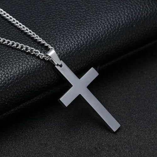 Men Stainless Steel Silver Large Cross Pendant Crucifix Religious Fashion Necklace Birthday Party Easter