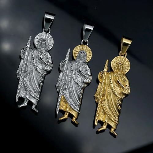 925 Sterling Silver Religious San Judas Tadeo Pendant Necklace 14K Yellow Gold Saint Jude Pendant cadena de san judas tadeo para hombre St San Judas Pendants Saint Jude Necklace for Women and Men 70cm