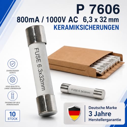 PeakTech 7606 – Fuse 800 mA / 1000 V 6.3 x 32 mm Ceramic Pack of 10 | Fuse 800 mA / 1000 V 6.3 x 32 mm for measuring devices, multimeters and other electronics 800mA / 1000V AC