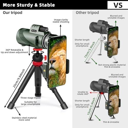 40X60 Monocular Telescope, High Power Monocular for Adults with Phone Adapter & Tripod & Hand Strap, Equipped with BAK4 Prism for Bird Watching Deep Green