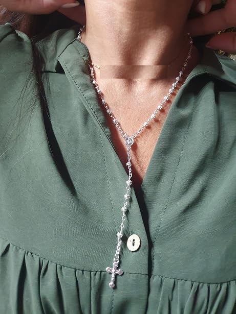 Madonna Prayer Rosary Necklace 60 cm + 12 cm Long with Cross, 3 mm Balls Approximately 3 mm Round Medal and Jesus Cross, taglia unica, Silver Plated Brass, Metal