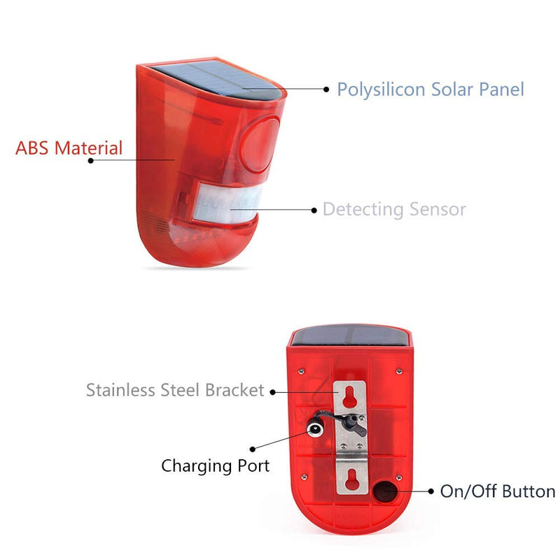 [Australia - AusPower] - Aolyty Solar Motion Sensor Detector Siren Sound Alarm LED Warning Strobe Flashing Red Light Security Outdoor Waterproof Device Keep Animal Away for Home Warehouse Farm (Red Lampshade) 