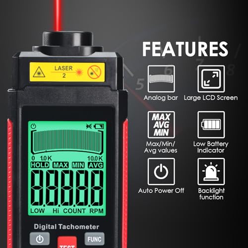 Non-Contact Tachometer with Reflective Tape, High Precision Digital Laser Speedometer (10-99,999 rpm) with Large LCD Display, Backlight and Max/Min/AVG Function and Data Hold