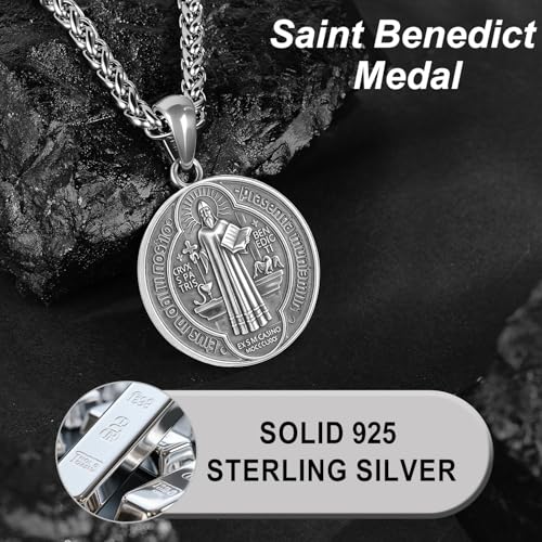925 Sterling Silver St Benedict Necklace, Saint Benedict Pendant, Protection Religious Amulet Jewelry for Men Women