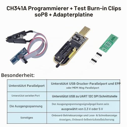 SOIC8 SOP8 Test Clip CH341B 1.8V Converter SOP8 to DIP8 Burning Socket for EEPROM 25CXX / 24CXX + CH341A 24 25 Series USB for Windows, macOS, Linux, Personal Computer, Laptop
