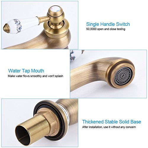 Fdit Single Handle Mixer Tap, Brass Bathroom Basin Faucet with Floral Pattern Lift Up Turn Design for Sink and Hand Washing Basin (Antique) Blue,white